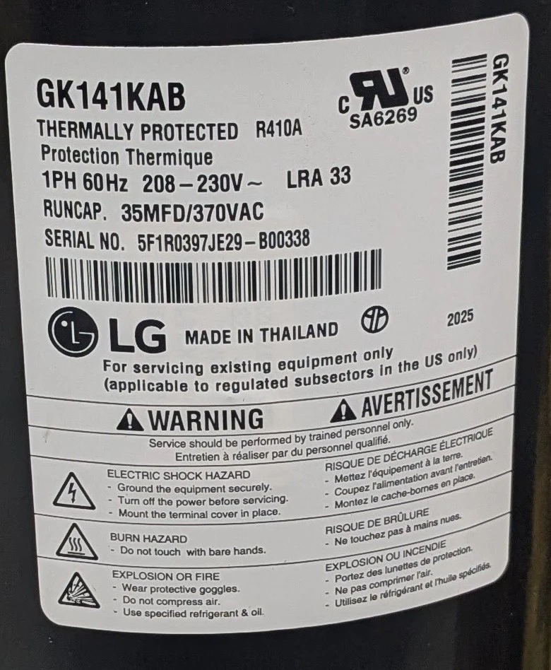 LG Compressor GK141KAB 14,200 BTU, 208-230V, 60Hz - Image 2